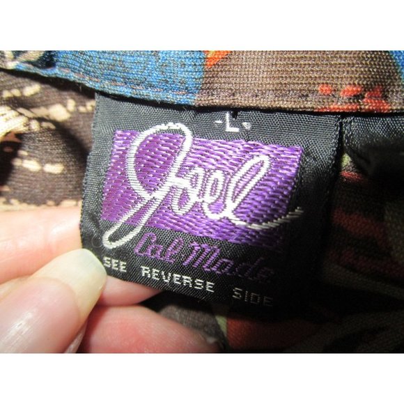 Vintage 70s Joel Cal Made Polyester Disco Shirt Wood Foliage Pattern Mens Lg GUC - Picture 15 of 16